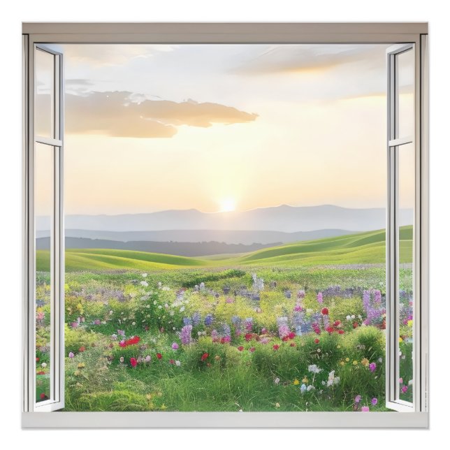Sunset over Meadow Window View Fotodruck (Vorne)