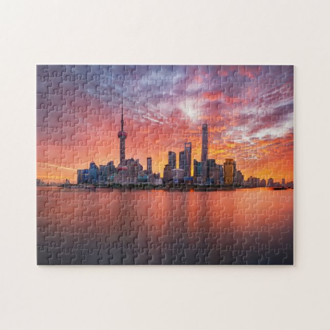 Sunset Over Shanghai Skyline Travel Cityscape Puzzle (Horizontal)