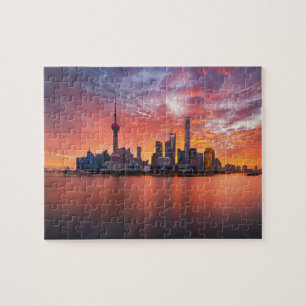 Sunset Over Shanghai Skyline Travel Cityscape Puzzle