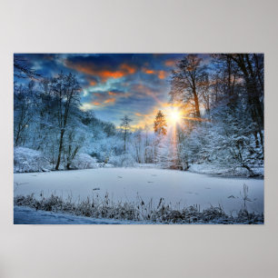 Sunset Over Winter Forest Lake Poster