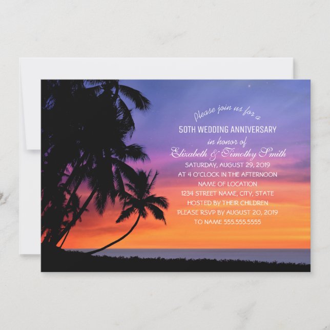 Sunset Palm Tree Beach Hochzeitliches Party Einladung (Vorderseite)