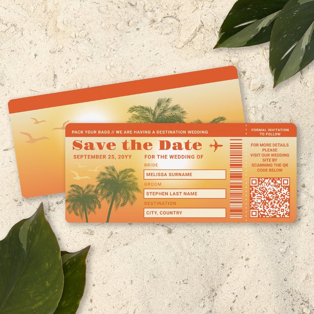 Sunset Palm Trees Imitate Boarding Save the Date P Einladung (This design is ideal for destination weddings or beach weddings, for example.)