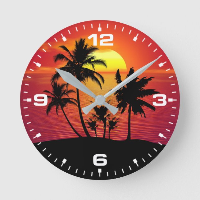 Sunset Palm Trees Silhouette Design-65143 Runde Wanduhr (Vorderseite)