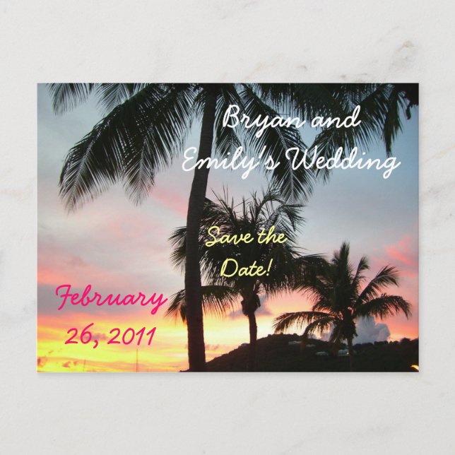 Sunset Palms Save the Date Postkarte (Vorderseite)