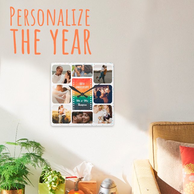 Sunset Photo Collage Mr and Mrs Custom Anniversary Quadratische Wanduhr (Von Creator hochgeladen)