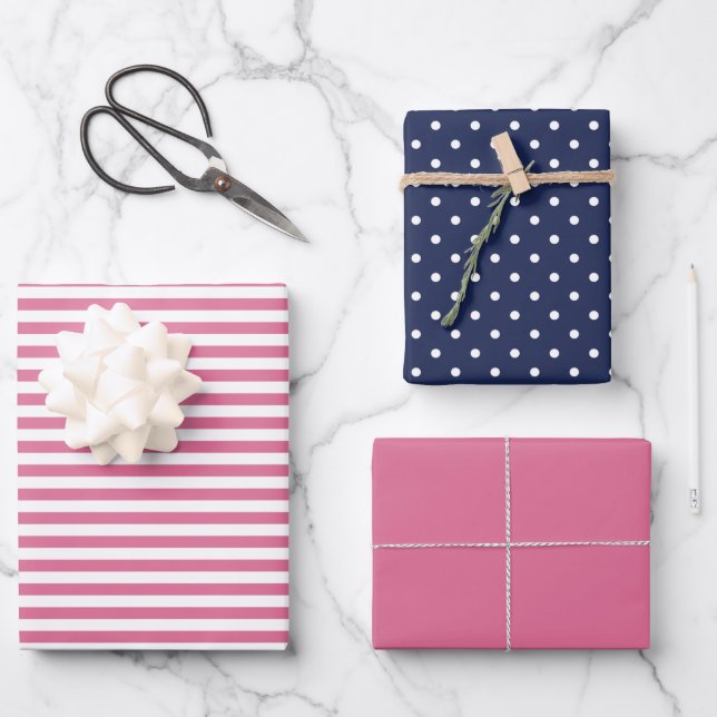 Sunset Pink und Navy Blue Stripe Polka Dot Schlich Geschenkpapier Set (Vorderseite)