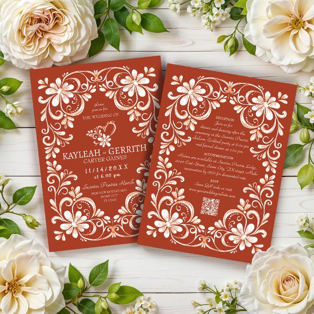 Sunset Red Rust Shabby Chic QR Hochzeitseinladung Einladung (Von Creator hochgeladen)