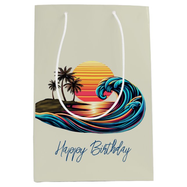 Sunset Retro Surf Wave Mittlere Geschenktüte (Vorderseite)