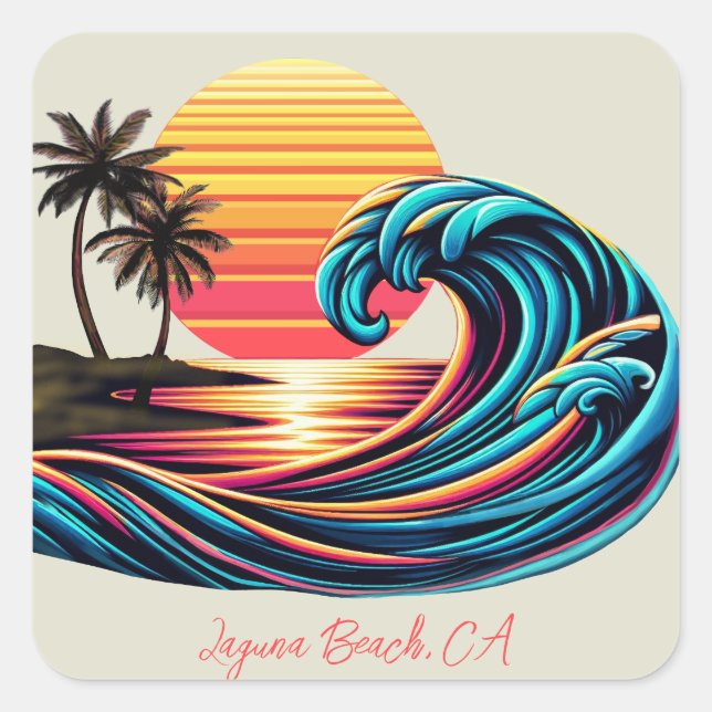 Sunset Retro Surf Wave Quadratischer Aufkleber (Vorderseite)