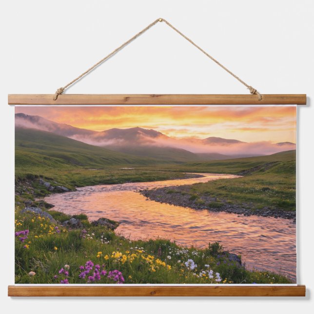Sunset River Panorama – Nature Poster & Tapestry Wandteppich Mit Holzrahmen (Vorne)