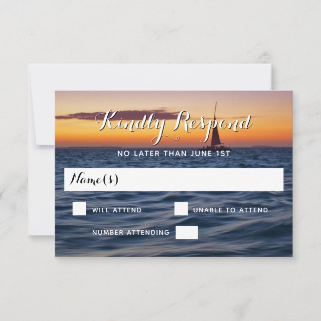 Sunset Sail Modern Nautical Wedding RSVP Karte (Vorderseite)