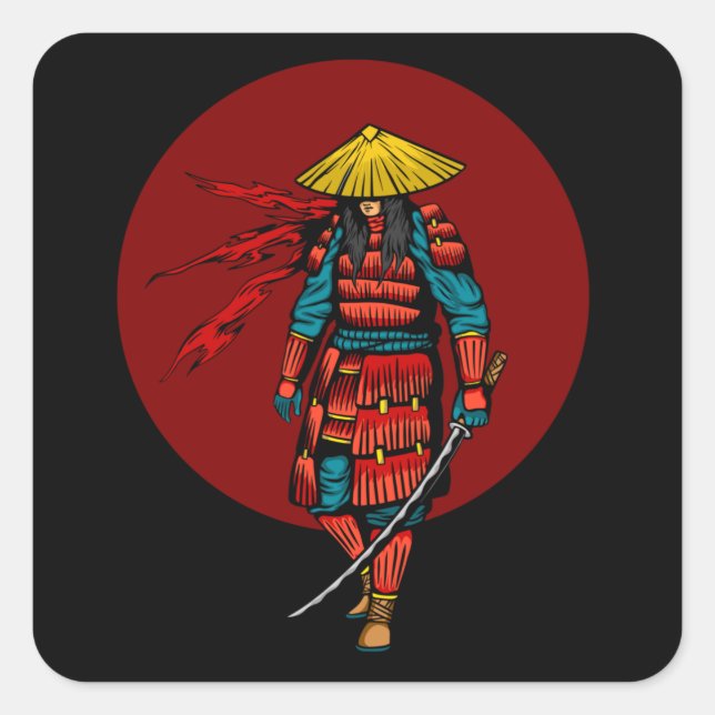 Sunset Samurai Warrior mit Katana Quadratischer Aufkleber (Vorderseite)