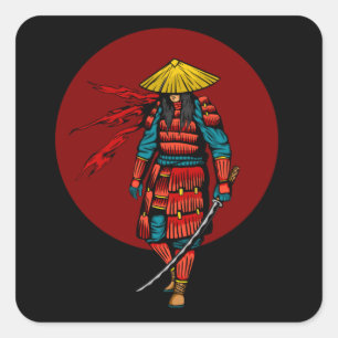 Sunset Samurai Warrior mit Katana Quadratischer Aufkleber