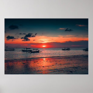 Sunset Sea Boat Shore Poster