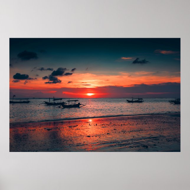 Sunset Sea Boat Shore Poster (Vorne)