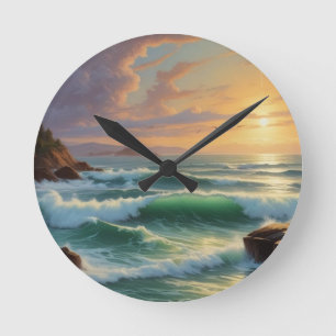 Sunset Seascape Painting Artwork Runde Wanduhr