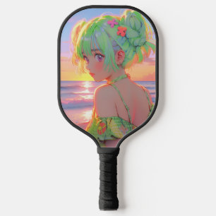 Sunset Seaside Anime Girl mit Mint Hair Buns Pickleball Schläger