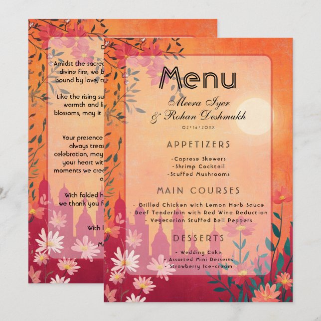 Sunset Serenade Pedestal Wedding Menü Menükarte (Vorne/Hinten)