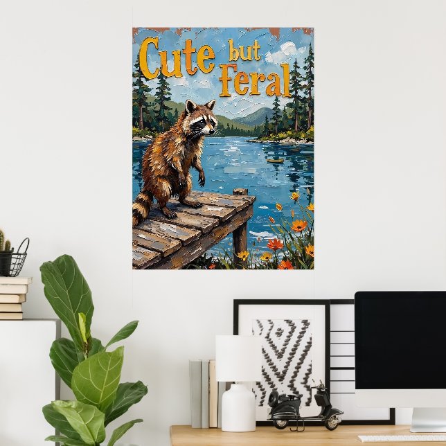 Sunset Serenade: Raccoon auf dem Pier Poster (Heimbüro)