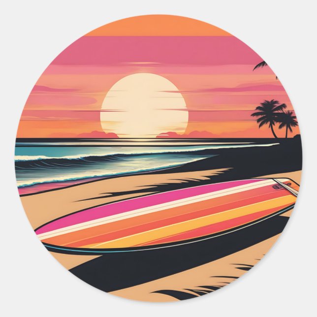 Sunset Serenity Retro Surfboard Vibes Runder Aufkleber (Vorderseite)