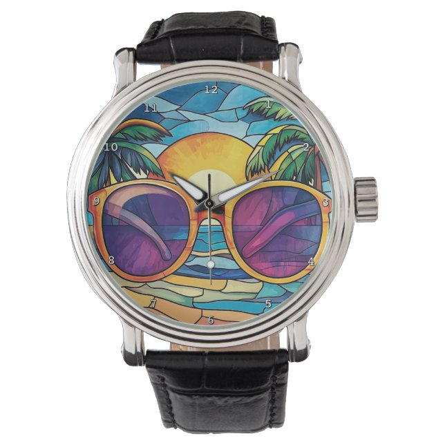 Sunset Shades & Tropical Tides  Beach Armbanduhr (Vorderseite)
