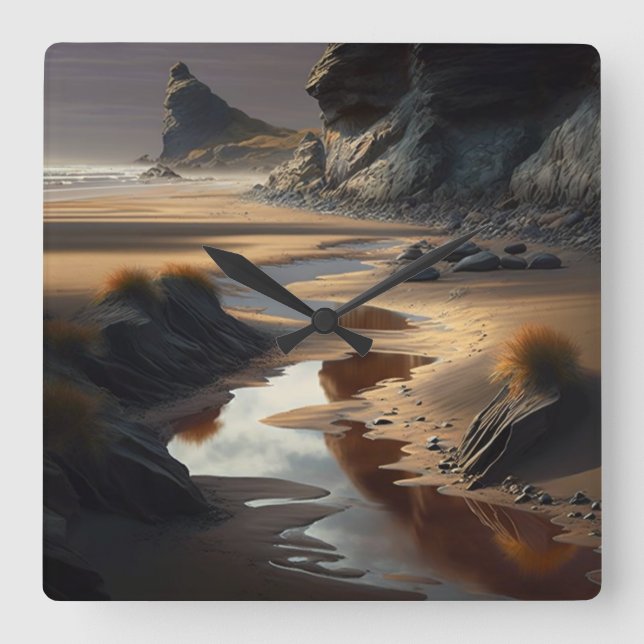 Sunset Shore Quadratische Wanduhr (Vorderseite)