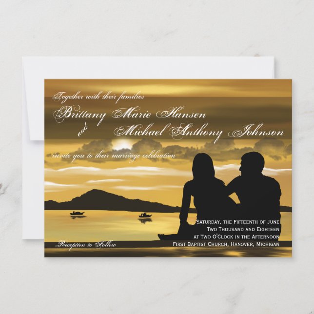 Sunset Silhouette Mountain Lake Wedding Invitation Einladung (Vorderseite)