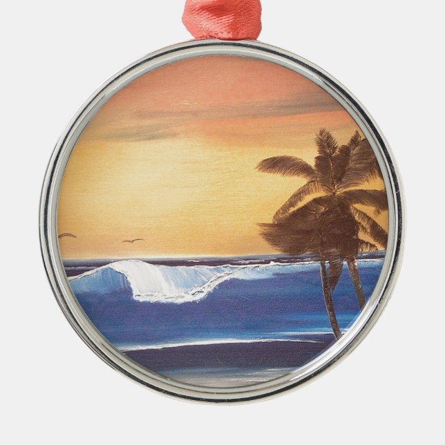 Sunset Sky, Palms & Ocean Silbernes Ornament (Vorne)