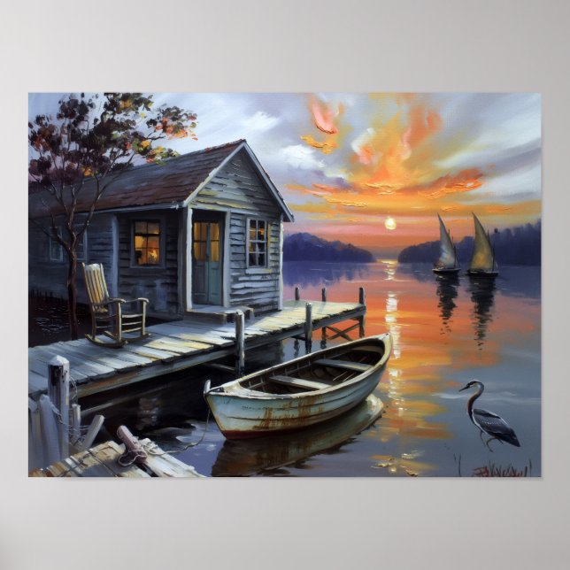 Sunset Solace: Cabin on the Lake Poster (Vorne)