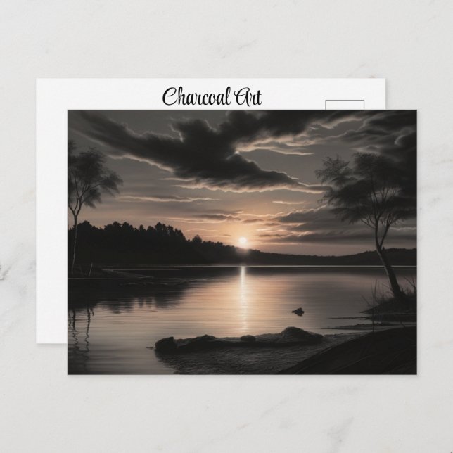Sunset Sunrise Glassy Lake Charcoal Pencil Art Postkarte (Vorne/Hinten)