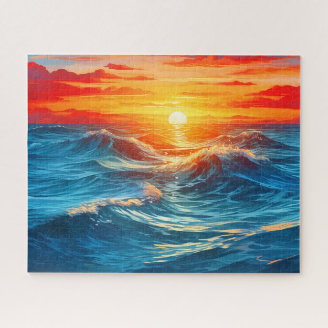 Sunset Sunrise Sundown Ocean Waves Naturemeer Puzzle (Horizontal)