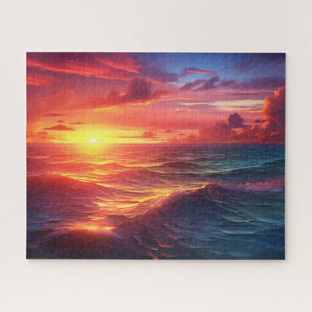Sunset Sunrise Sundown Ocean Waves Naturemeer Puzzle (Horizontal)