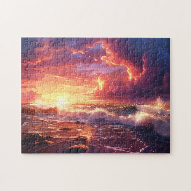 Sunset Sunrise Sundown Ocean Waves Naturemeer Puzzle (Horizontal)