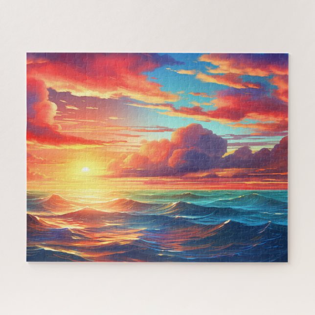 Sunset Sunrise Sundown Ocean Waves Naturemeer Puzzle (Horizontal)