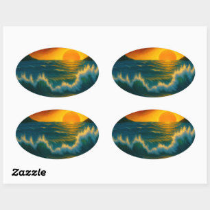 Sunset Surf – Kühne Ozeanwellen-Kunstaufkleber Ovaler Aufkleber