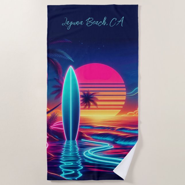 Sunset Surfboard Neon Lights- Strandtuch (Vorderseite)