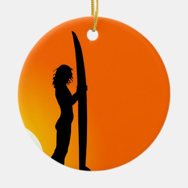 Sunset Surfer Girl mit Surfbrett Keramikornament (Vorne)
