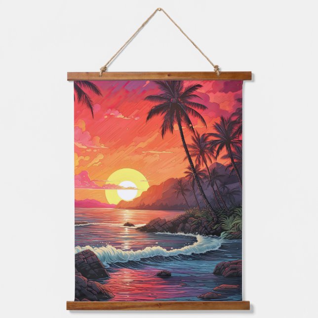 Sunset Tropical Beach Paradise Island Wandteppich Mit Holzrahmen (Vorderseite)