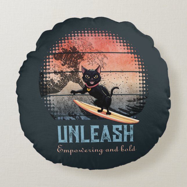 Sunset Wave Riding Cat Rundes Kissen (Vorderseite)