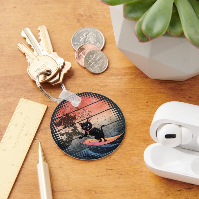 Sunset Wave Riding Cat Schlüsselanhänger (Schreibtisch)