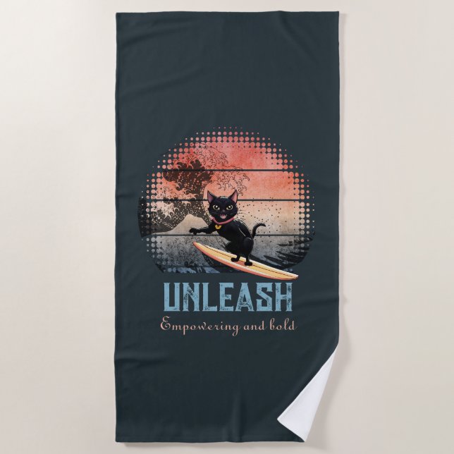 Sunset Wave Riding Cat Strandtuch (Vorderseite)