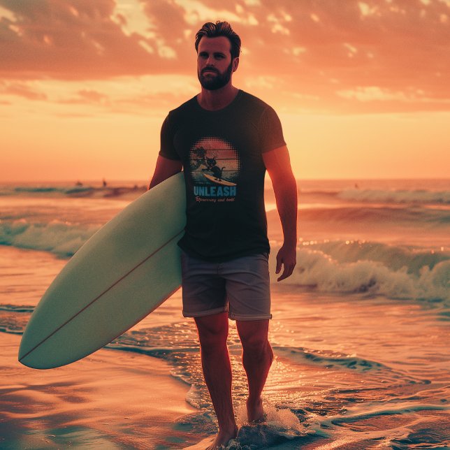 Sunset Wave Riding Cat T-Shirt (A man is wearing a Sunset Wave-Riding Cat T-shirt.)