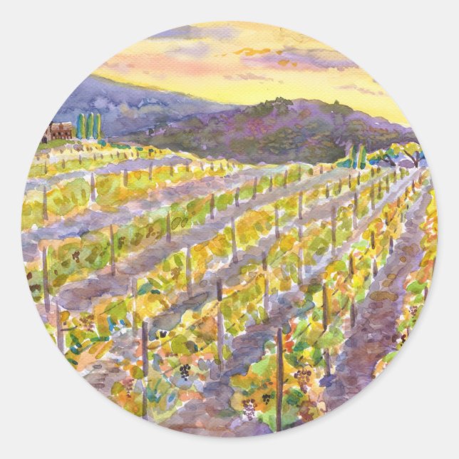 Sunset-Weinberg – Goldenes Wasserfarbenlandschaft Runder Aufkleber (Vorderseite)