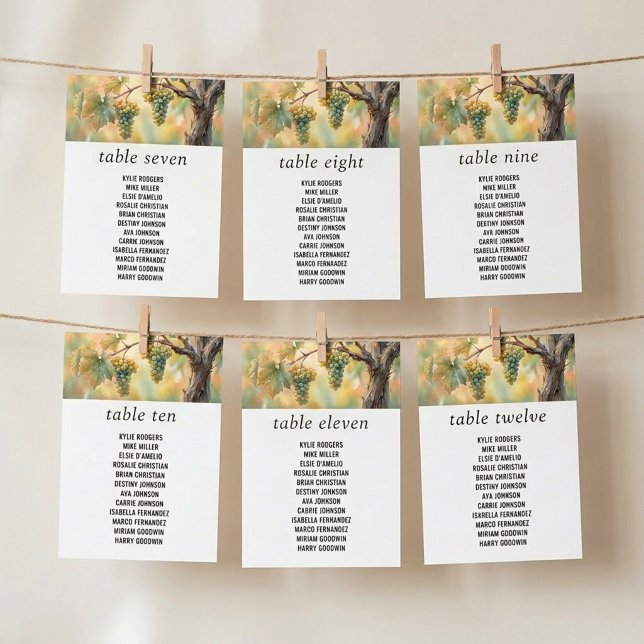 Sunset Weingut Rustikale Trauben Sitzplan Karte (Seating Chart Cards from the Sunset Vineyard wedding collection by Darling & May)
