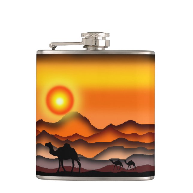 Sunset Wüste Camels Flask Flachmann (Vorderseite)