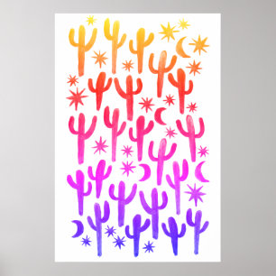 Sunset Wüste Fun Cactus Pink Pattern Wasserfarbe Poster