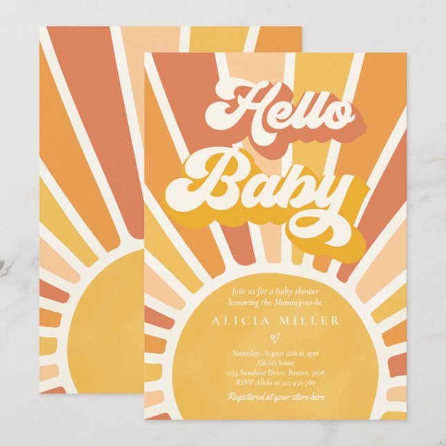 Sunshine Baby Shower Boho Retro Gelbe Sonnenschein Einladung (Vorne/Hinten)