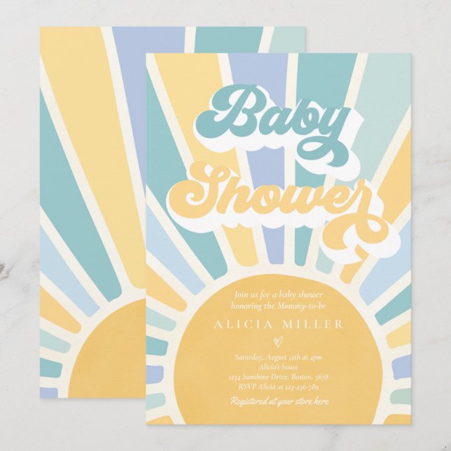 Sunshine Baby Shower Boho Retro Gelbe Sonnenschein Einladung (Vorne/Hinten)