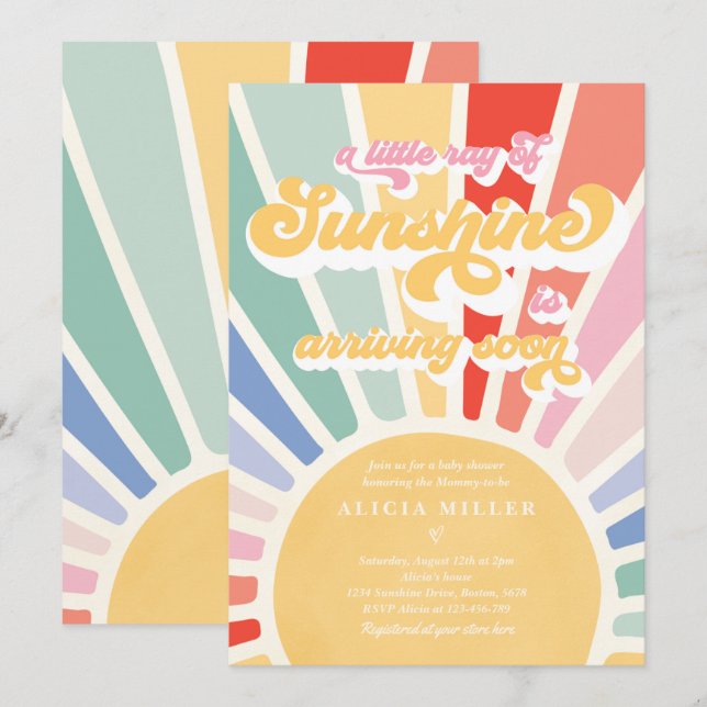 Sunshine Baby Shower Boho Retro Rainbow Sunshine Einladung (Vorne/Hinten)