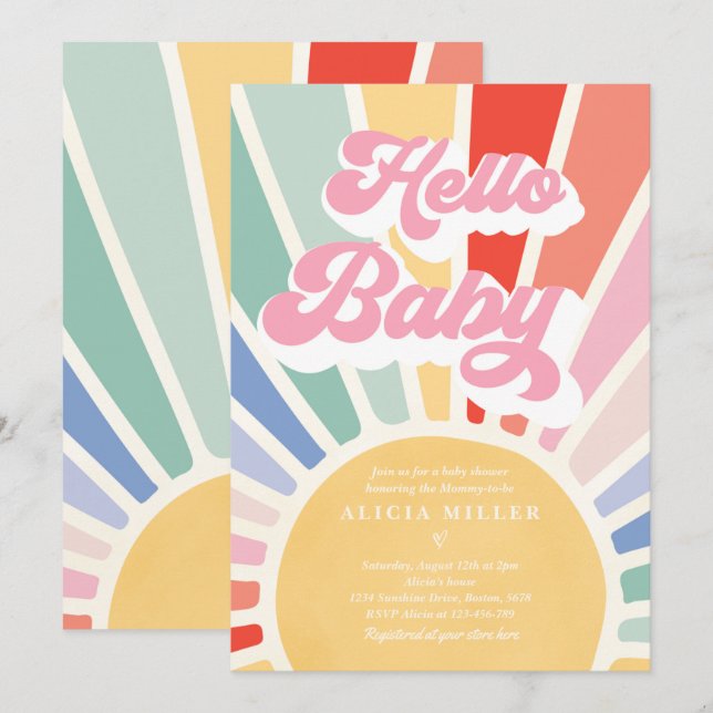 Sunshine Baby Shower Boho Retro Rainbow Sunshine Einladung (Vorne/Hinten)